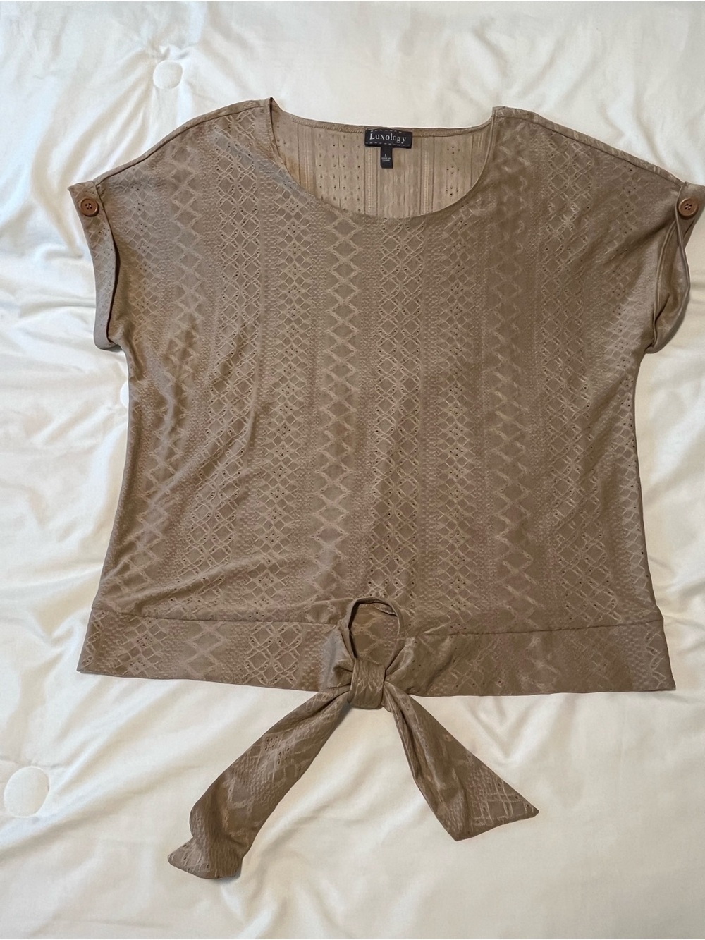 Luxology Taupe Textured Short Sleeve Tie-Front Blouse Size Large